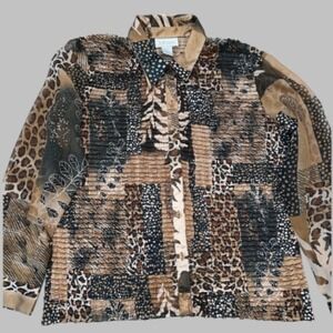 Jordan Mixed Animal Print Patchwork Plisse Button Down Shirt Brown Womens XL